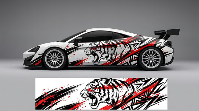 Sports sedan with racing livery and tiger graphic design for vehicle wrap