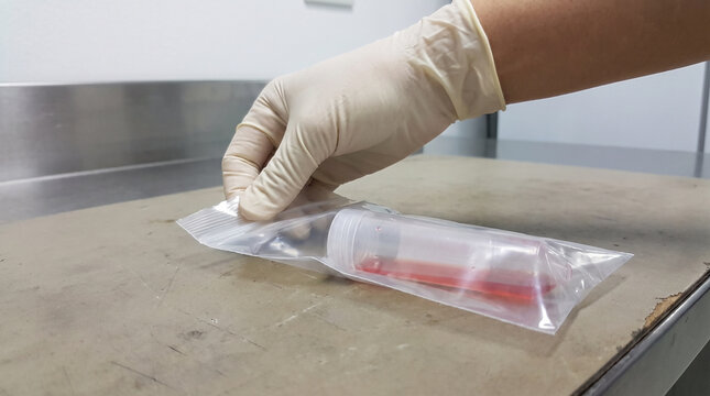 Gloved hand sealing specimen transport bag sample tube clinical