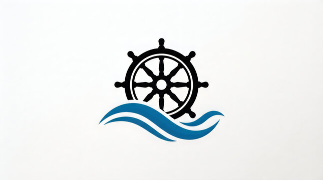 Black ship steering wheel icon with blue ocean waves illustration