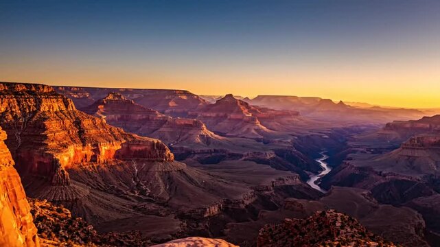 Grand Canyon scenic aerial view with radiant sunlight across canyon landscape during beautiful sunset