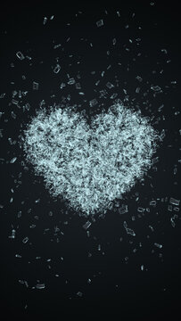 Broken Glass Heart Explosion on Dark Background, Shattered Crystal Heart Particles Valentine's Love and Breakup Music Videos Overlay Vertical Social Media design Element