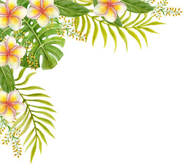Tropical flowers corner frame. Floral tropics ornament. Watercolor painting with Frangipani flowers and palm leaves. Tropic composition. © Marisha