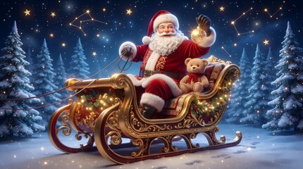 Fototapeta premium Santa Claus riding a sleigh with a teddy bear under a starry winter night sky