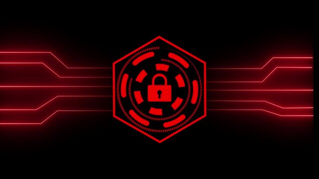 Cybersecurity padlock symbol shining in vibrant red neon color with connected circuit pathways illustrating system breach warnings and critical vulnerability alerts within enterprise network.