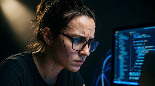 Focused Young Woman Software Developer Writing Code on Computer Screen in Dark Office Environment for Tech Industry Concept