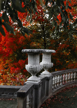 View of ornate stone urns with carved faces resting on a classic balustrade, set against a backdrop of vibrant autumn maple trees with red and orange leaves in Troy, Michigan, United States.