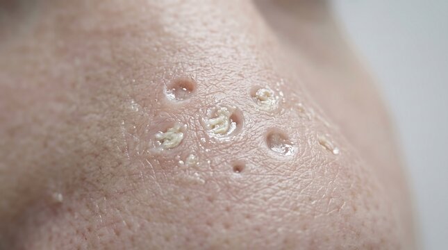 Close up view of human skin pores with smegma buildup and sebum