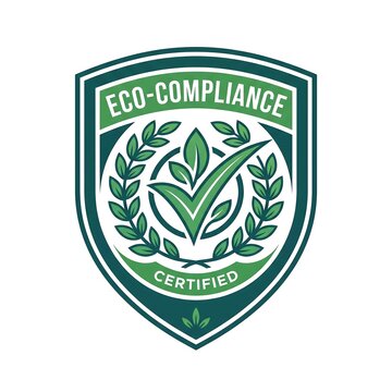 Eco compliance certified badge emblem with green laurel leaves and sustainability certification seal