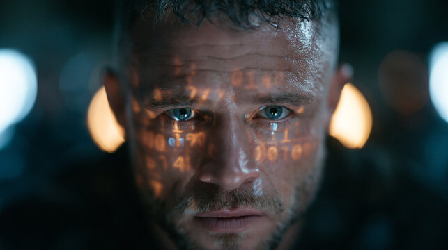 Cybersecurity Concept with Digital Code Projected on Man Face