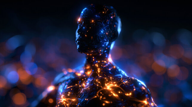 Futuristic AI Humanoid with Glowing Neural Network Lines
