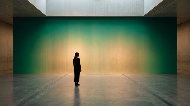 Woman Viewing Large Art Installation in Modern Gallery