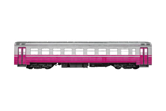 Pink passenger rail train car isolated on transparent background.