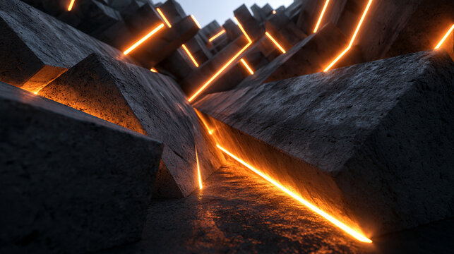 Abstract Geometric Concrete Blocks with Glowing Neon Lights