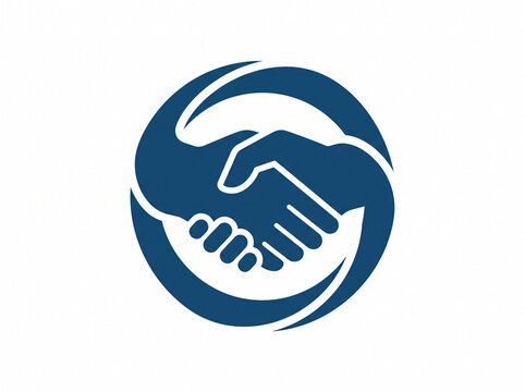 Dark blue vector logo of two hands shaking enclosed within a dynamic circular swoosh, symbolizing business partnership, teamwork, deal, trust, and corporate agreement.