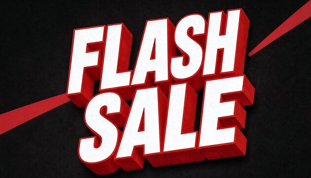 Flash sale promotional banner with bold 3D white text and red borders cutting diagonally across a dark textured background discount promotion retail offer shopping deal special price marketing