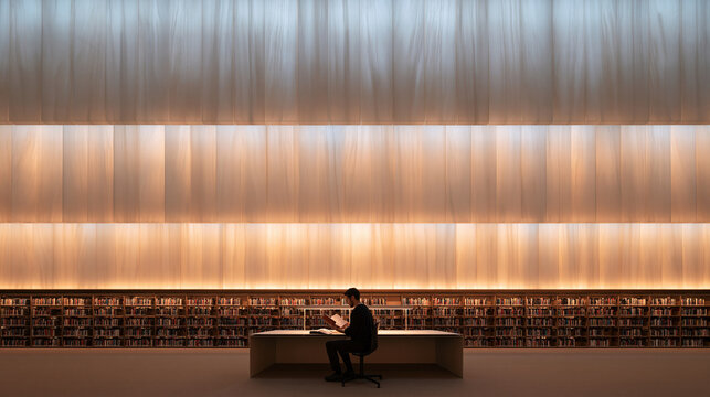 Man Reading at Desk in Modern Minimalist Library