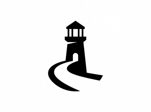 Black minimalist vector logo of a lighthouse tower with a winding path leading to its entrance, symbolizing guidance, leadership, hope, security, and strategic navigation.
