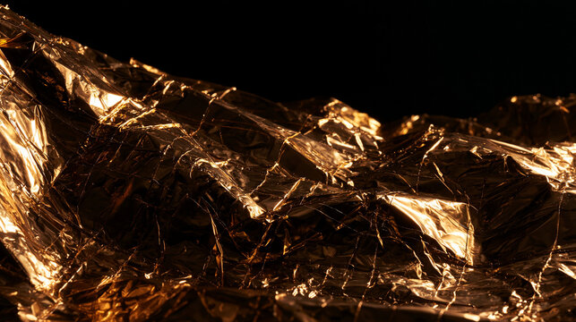 Crumpled Golden Foil Texture on Dark Background