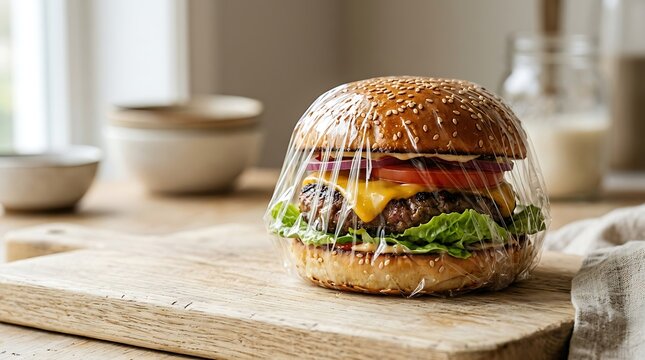 Fresh delicious cheeseburger wrapped in plastic film sitting on a wooden cutting board in a home kitchen. cling film burgers
