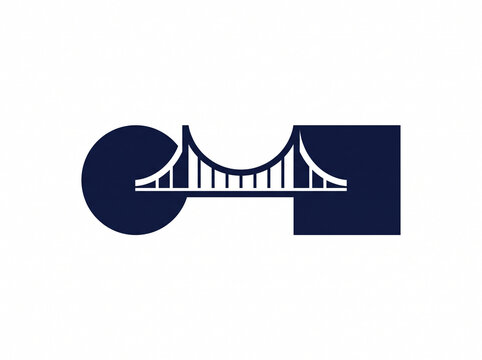 Minimalist dark blue suspension bridge logo connecting a circle and a square shape, symbolizing partnership, integration, architectural engineering, networking, and transition.