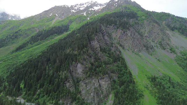 Static 4K drone footage approaches a rocky slope at 100m altitude in Tekhuri gorge, Georgia. Coniferous trees cling to the slope below a snow-capped July peak. Close-up view, raw video.