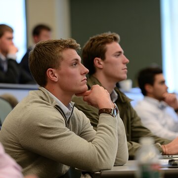 Young students attending lecture in classroom listening attentively during seminar