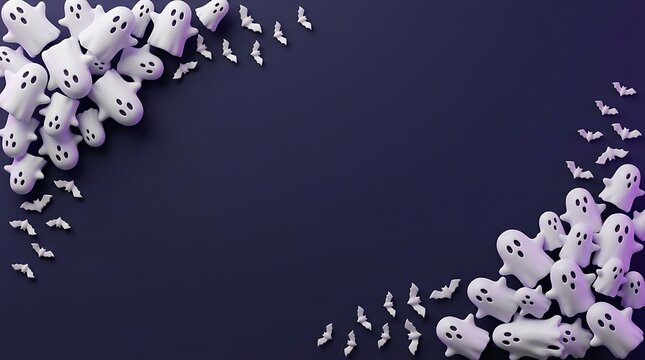 Halloween background featuring cute white ghost figures and bats on dark purple
