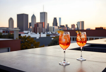 Naklejka premium Urban lifestyle and happy hour, two spritz cocktails on a rooftop terrace overlooking a city skyline at sunset for travel and leisure marketing