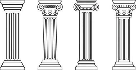 Naklejka premium Ancient Greek column icon collection featuring classical Roman architectural pillars isolated on white background for historic design