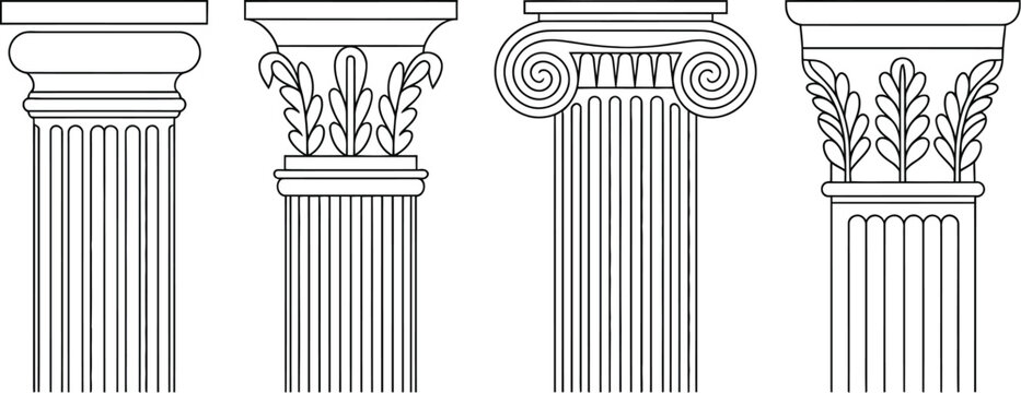Ancient Greek column icon collection featuring classical Roman architectural pillars isolated on white background for historic design