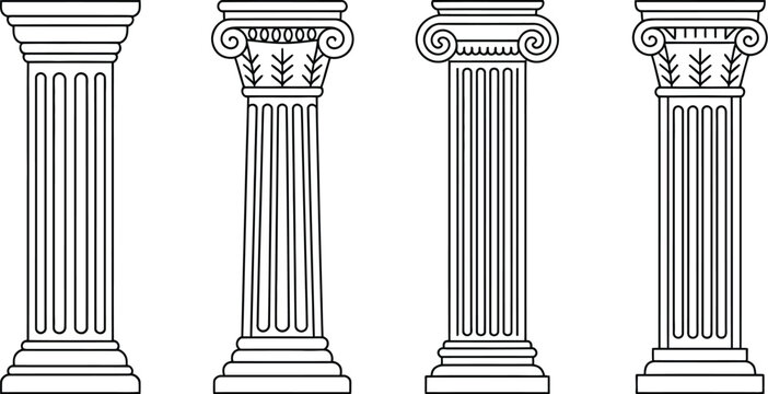 Ancient Greek column icon collection featuring classical Roman architectural pillars isolated on white background for historic design