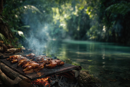 Grilled chicken cooking on fire by a tropical river in the jungle