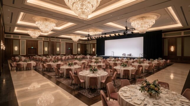 Large luxury banquet hall with round tables for wedding reception or business conference event in a modern hotel ballroom interior