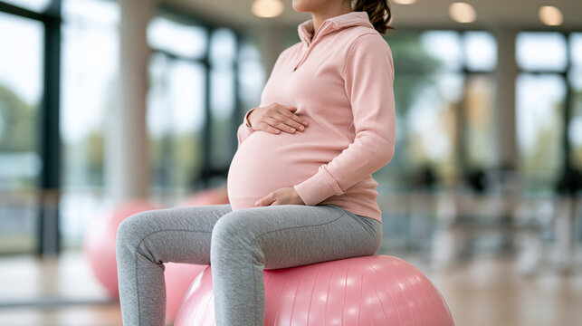 Pregnant woman using a yoga ball for gentle pelvic tilts, supportive prenatal exercise in a bright modern studio, soft pastel tones, calm focused expression, wellness and preparati
