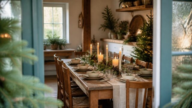 An empty festive dining table before guests arrive with candles, greenery and generous banner space, wide environmental commercial view