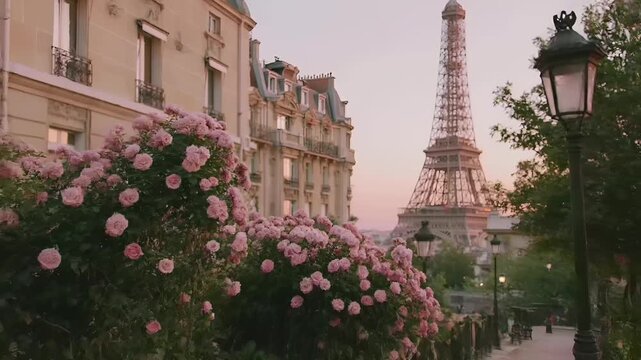 Paris, France, Europe. A vivid portrayal of the Eiffel Tower in Paris, France, bathed in the soft glow of the setting sun.