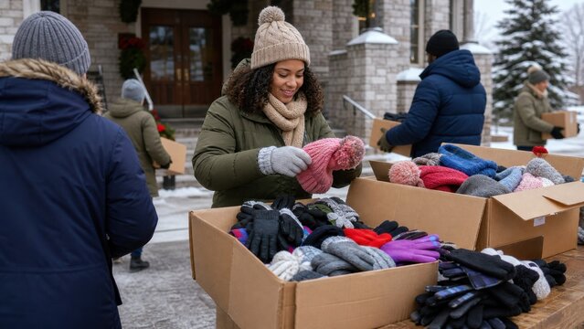 A community volunteer sorting new winter hats and gloves for donation, wide environmental commercial view, for commercial stock use