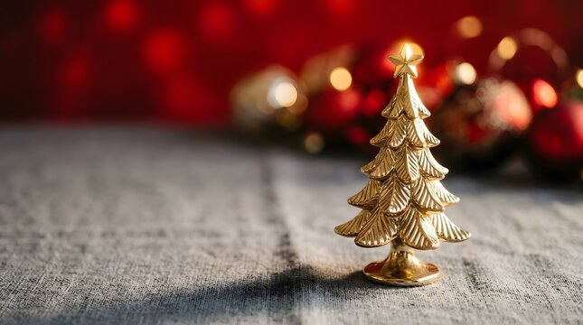 A beautifully decorated miniature christmas tree shines brightly against a festive blurred background of ornaments