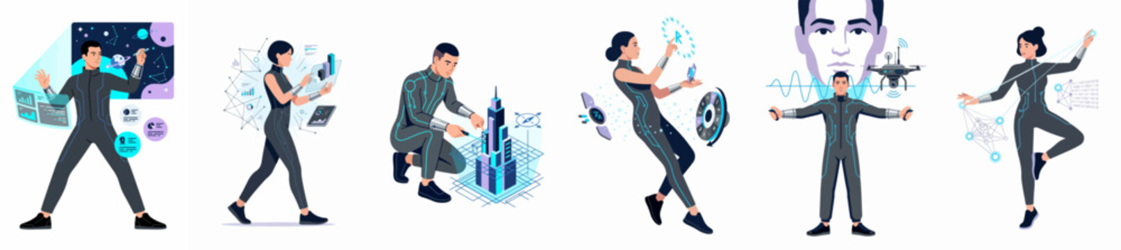 Set of futuristic illustrations featuring men and women in dark suits interacting with various holographic interfaces and advanced digital technology.