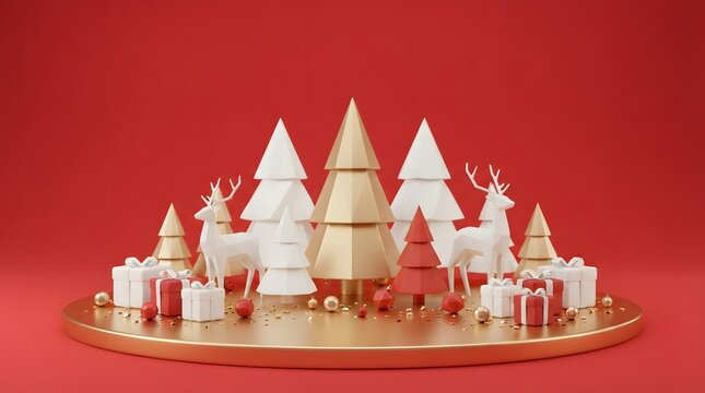 Minimalist christmas scene with geometric trees reindeer and gifts on a golden platform