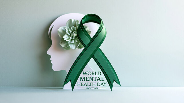 3D paper cut illustration for World Mental Health Day, one simple minimalist green awareness ribbon placed in the center of the composition, small symmetrical loop, narrow paper st