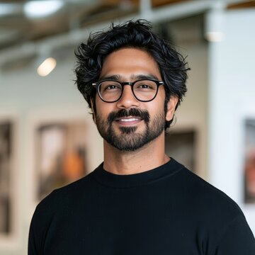 Portrait of a smiling young man with dark curly hair and glasses in a bright modern office space