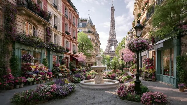 Paris, France, Europe. A vivid portrayal of a Parisian street scene depicts the Eiffel Tower in the background. The main subject is a bustling boulevard lined with multistory buildings.