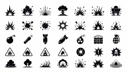 Obraz premium Explosion and Hazard Silhouette Icon Set with Blast, Bomb, Grenade and Warning Symbols