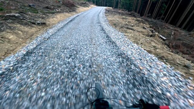 Action POV First Person View Mountain Biking Down Fast Gravel Forest Road