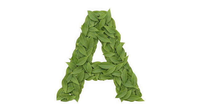 Letter A made of fresh green leaves on a natural plant background isolated on transparent background