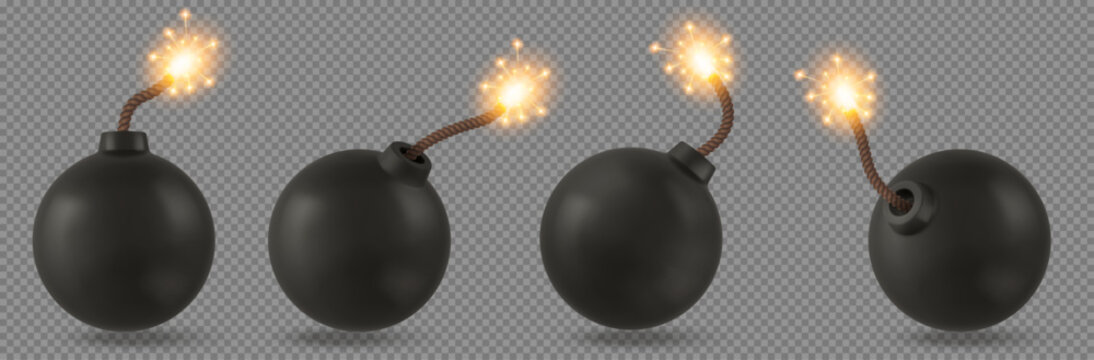 Four stages of dynamite detonation with burning fuses on transparent background