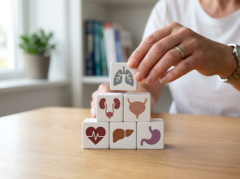 Person stacking wooden medical organ blocks