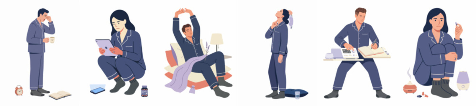 Collection of flat vector illustrations depicting people in pajamas engaging in various morning and bedtime routines such as stretching, reading, and resting.