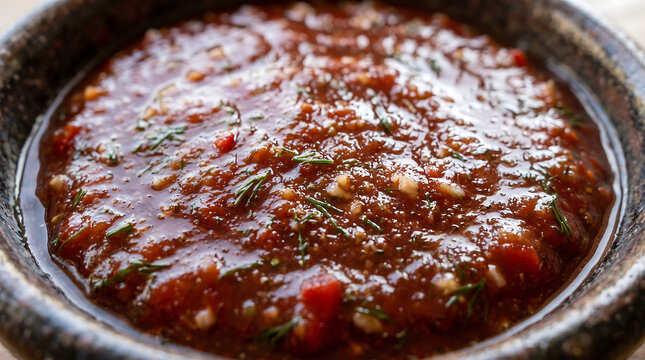 Traditional Georgian Satsebeli Spicy Tomato Sauce with Fresh Dill Garlic and Spices Close-Up